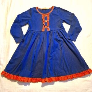 Millie Loves Lily girls size 6 navy with burnt orange ruffle trim dress EUC